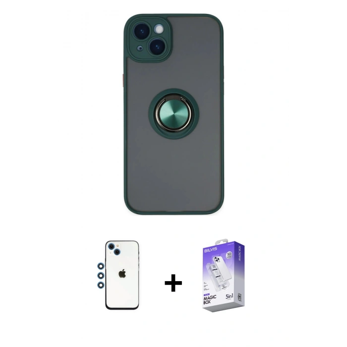 MARSİLYAN™- iPhone 14 Kılıf Yörünge Çizgi - Siyah Bilvis 5in1 3D Magic Cam Ekran Koruyucu + Shine Kamera Lens - MI