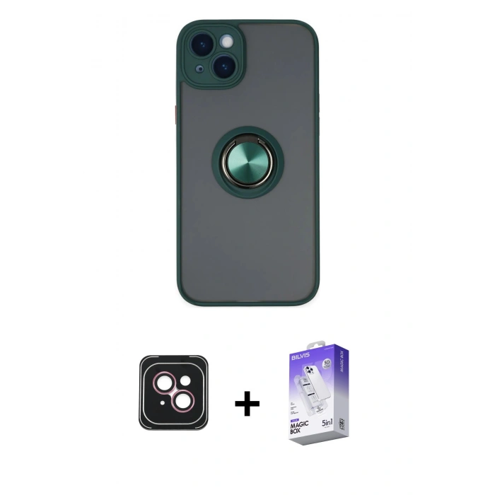 MARSİLYAN™- iPhone 14 Kılıf Yörünge Çizgi - Siyah Bilvis 5in1 3D Magic Cam Ekran Koruyucu + PVD Metal Kamera Lens - PE