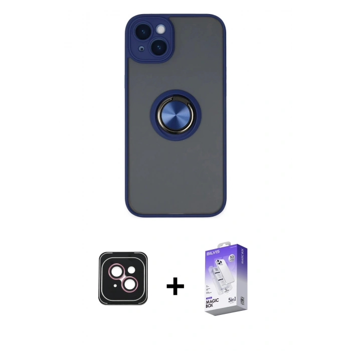 MARSİLYAN™- iPhone 14 Kılıf Yörünge Çizgi - Siyah Bilvis 5in1 3D Magic Cam Ekran Koruyucu + PVD Metal Kamera Lens - PE