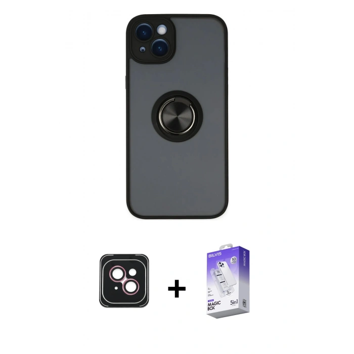 MARSİLYAN™- iPhone 14 Kılıf Yörünge Çizgi - Siyah Bilvis 5in1 3D Magic Cam Ekran Koruyucu + PVD Metal Kamera Lens - PE