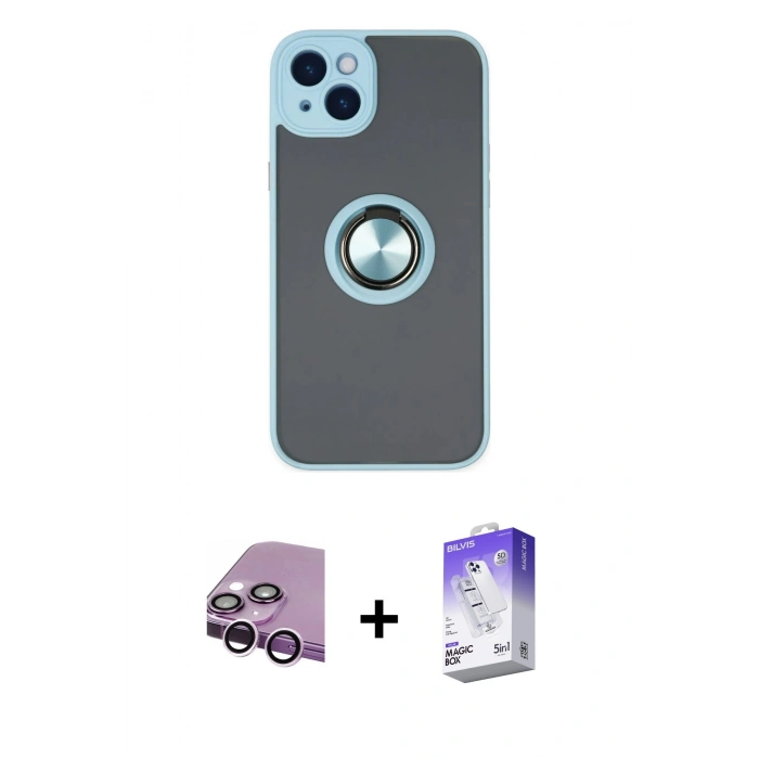 MARSİLYAN™- iPhone 14 Kılıf Yörünge Çizgi - Siyah Bilvis 5in1 3D Magic Cam Ekran Koruyucu + Raze Metal Kamera Lens - MR