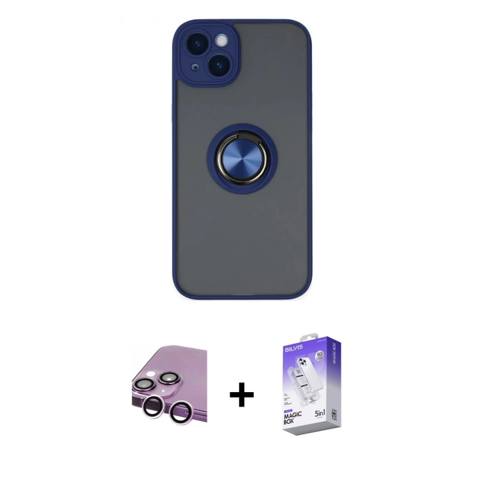 MARSİLYAN™- iPhone 14 Kılıf Yörünge Çizgi - Siyah Bilvis 5in1 3D Magic Cam Ekran Koruyucu + Raze Metal Kamera Lens - MR