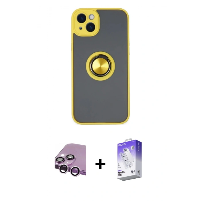 MARSİLYAN™- iPhone 14 Kılıf Yörünge Çizgi - Siyah Bilvis 5in1 3D Magic Cam Ekran Koruyucu + Raze Metal Kamera Lens - MR