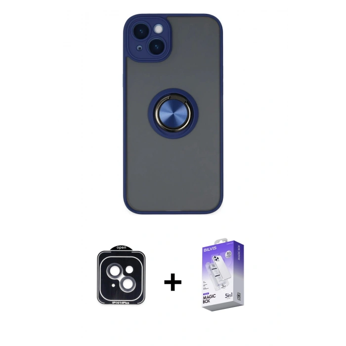 MARSİLYAN™- iPhone 14 Kılıf Yörünge Çizgi - Siyah Bilvis 5in1 3D Magic Cam Ekran Koruyucu + Siyah PVD Metal Kamera Lens