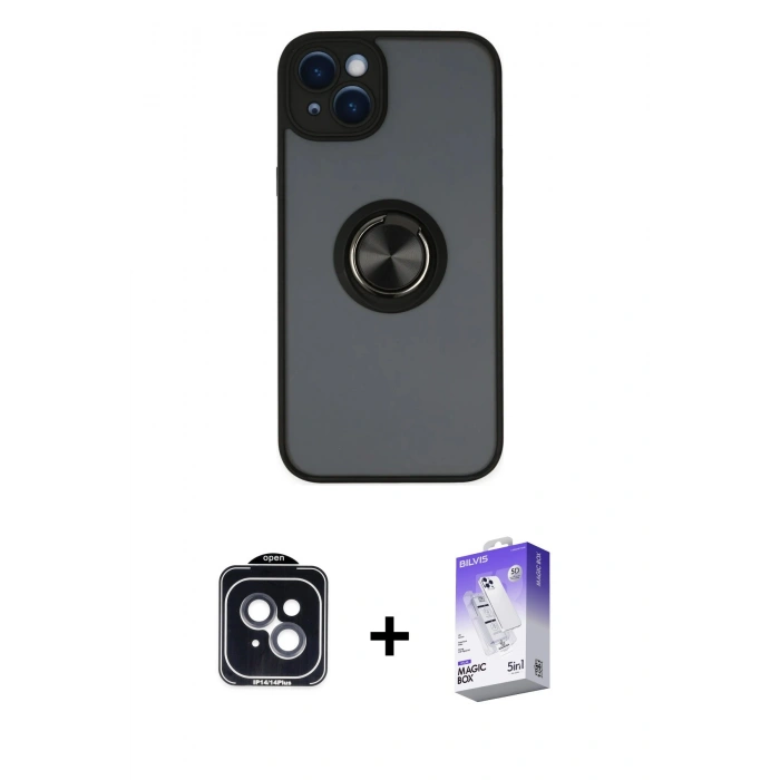 MARSİLYAN™- iPhone 14 Kılıf Yörünge Çizgi - Siyah Bilvis 5in1 3D Magic Cam Ekran Koruyucu + Siyah PVD Metal Kamera Lens