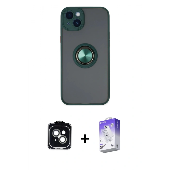 MARSİLYAN™- iPhone 14 Kılıf Yörünge Çizgi - Siyah Bilvis 5in1 3D Magic Cam Ekran Koruyucu + PVD Metal Kamera Lens - YL