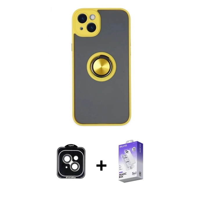 MARSİLYAN™- iPhone 14 Kılıf Yörünge Çizgi - Siyah Bilvis 5in1 3D Magic Cam Ekran Koruyucu + PVD Metal Kamera Lens - YL