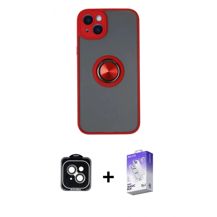 MARSİLYAN™- iPhone 14 Kılıf Yörünge Çizgi - Siyah Bilvis 5in1 3D Magic Cam Ekran Koruyucu + PVD Metal Kamera Lens - YL