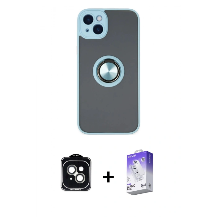 MARSİLYAN™- iPhone 14 Kılıf Yörünge Çizgi - Siyah Bilvis 5in1 3D Magic Cam Ekran Koruyucu + PVD Metal Kamera Lens - YL