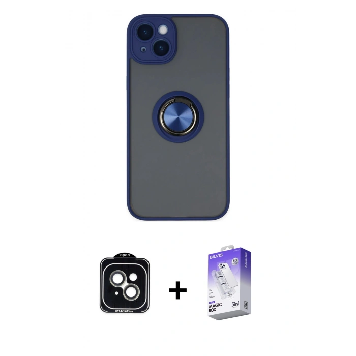 MARSİLYAN™- iPhone 14 Kılıf Yörünge Çizgi - Siyah Bilvis 5in1 3D Magic Cam Ekran Koruyucu + PVD Metal Kamera Lens - YL