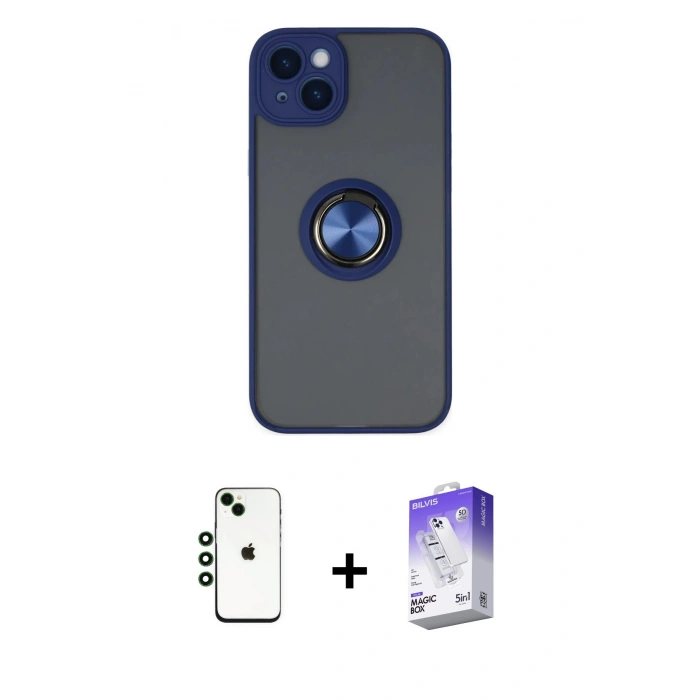 MARSİLYAN™- iPhone 14 Kılıf Yörünge Çizgi - Siyah Bilvis 5in1 3D Magic Cam Ekran Koruyucu + Shine Kamera Lens - YL