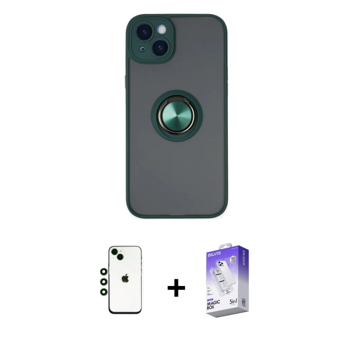 MARSİLYAN™- iPhone 14 Kılıf Yörünge Çizgi - Siyah Bilvis 5in1 3D Magic Cam Ekran Koruyucu + Shine Kamera Lens - YL