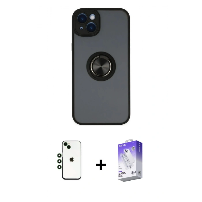 MARSİLYAN™- iPhone 14 Kılıf Yörünge Çizgi - Siyah Bilvis 5in1 3D Magic Cam Ekran Koruyucu + Shine Kamera Lens - YL