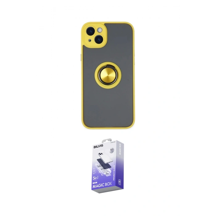 MARSİLYAN™- iPhone 14 Kılıf Yörünge Çizgi - Siyah Bilvis 5in1 5D Magic Hayalet Cam Ekran Koruyucu