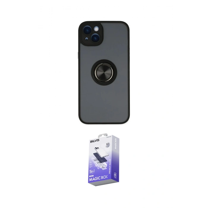 MARSİLYAN™- iPhone 14 Kılıf Yörünge Çizgi - Siyah Bilvis 5in1 5D Magic Hayalet Cam Ekran Koruyucu