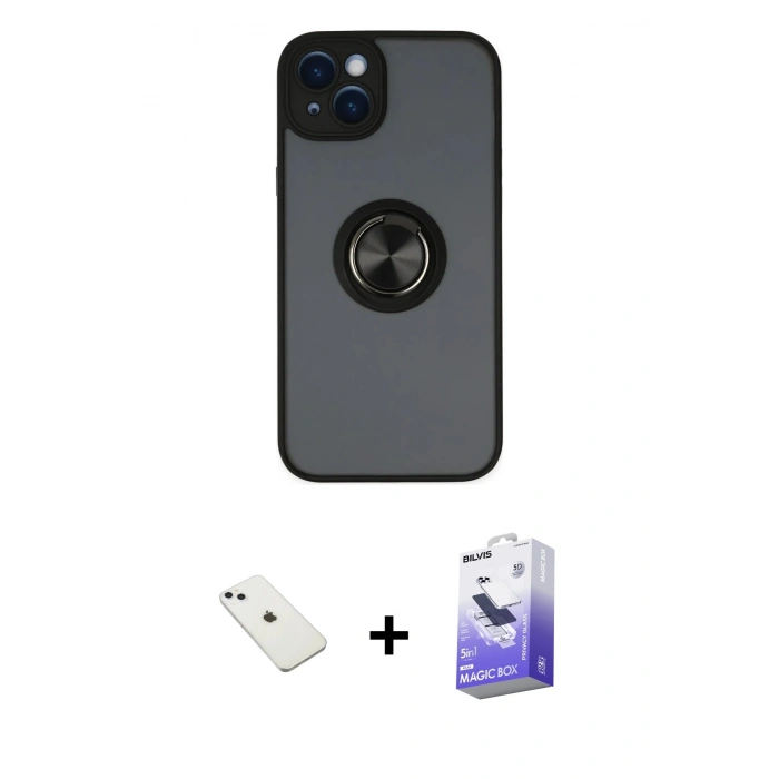 MARSİLYAN™- iPhone 14 Kılıf Yörünge Çizgi - Siyah Bilvis 5in1 5D Magic Hayalet Cam Ekran Koruyucu + Diamond Kamera Lens - SABE