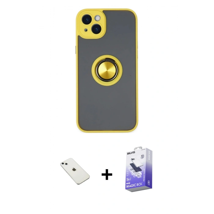 MARSİLYAN™- iPhone 14 Kılıf Yörünge Çizgi - Siyah Bilvis 5in1 5D Magic Hayalet Cam Ekran Koruyucu + Diamond Kamera Lens - SABE
