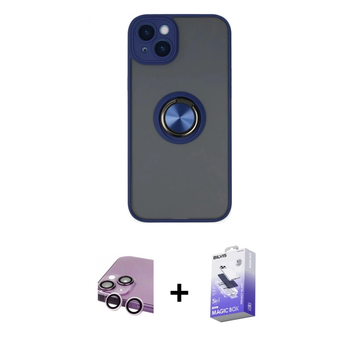 MARSİLYAN™- iPhone 14 Kılıf Yörünge Çizgi - Siyah Bilvis 5in1 5D Magic Hayalet Cam Ekran Koruyucu + Mor Raze Metal Kamera Lens