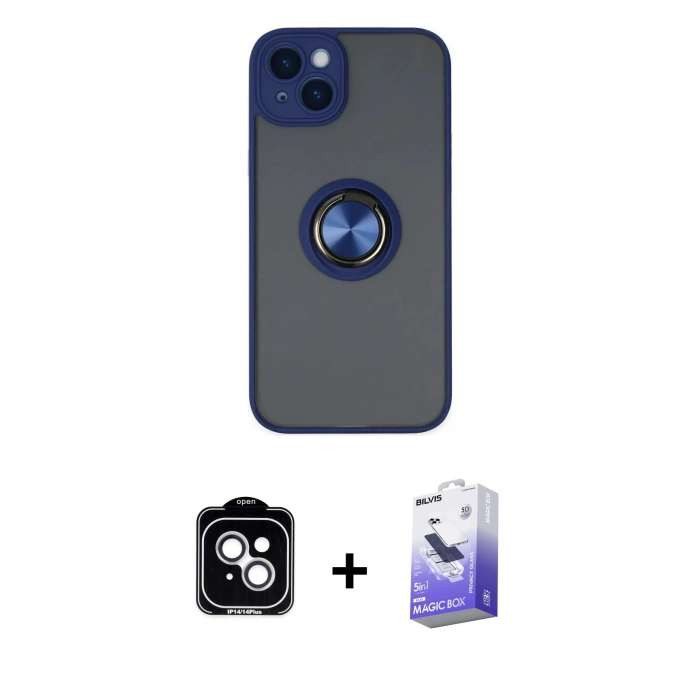 MARSİLYAN™- iPhone 14 Kılıf Yörünge Çizgi - Siyah Bilvis 5in1 5D Magic Hayalet Cam Ekran Koruyucu + PVD Metal Kamera Lens - GS