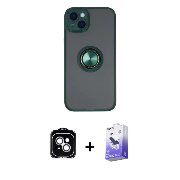 MARSİLYAN™- iPhone 14 Kılıf Yörünge Çizgi - Siyah Bilvis 5in1 5D Magic Hayalet Cam Ekran Koruyucu + PVD Metal Kamera Lens - GS