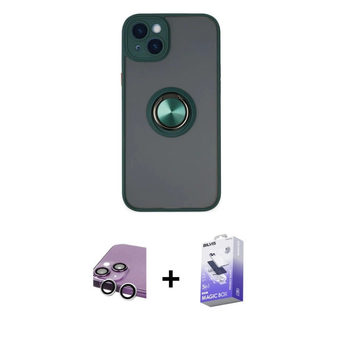 MARSİLYAN™- iPhone 14 Kılıf Yörünge Çizgi - Siyah Bilvis 5in1 5D Magic Hayalet Cam Ekran Koruyucu + Raze Metal Kamera Lens - GS