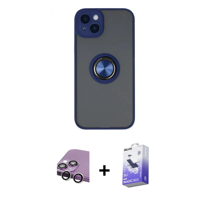 MARSİLYAN™- iPhone 14 Kılıf Yörünge Çizgi - Siyah Bilvis 5in1 5D Magic Hayalet Cam Ekran Koruyucu + Raze Metal Kamera Lens - GS