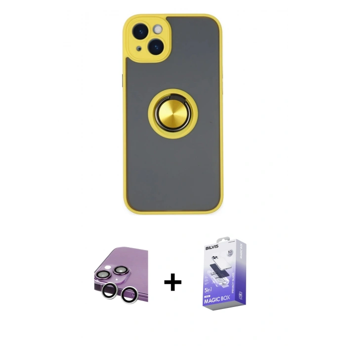 MARSİLYAN™- iPhone 14 Kılıf Yörünge Çizgi - Siyah Bilvis 5in1 5D Magic Hayalet Cam Ekran Koruyucu + Raze Metal Kamera Lens - GS