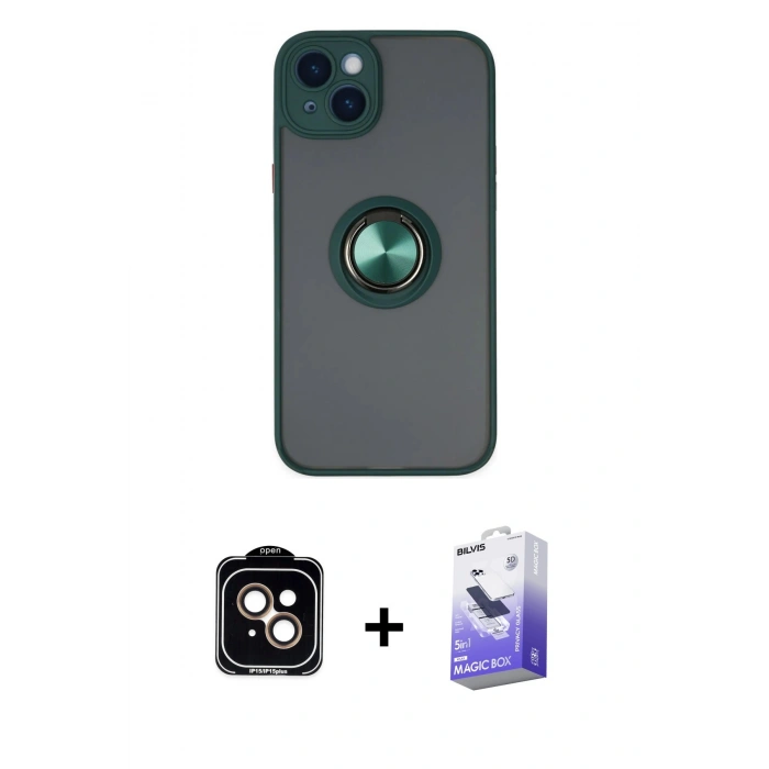 MARSİLYAN™- iPhone 14 Kılıf Yörünge Çizgi - Siyah Bilvis 5in1 5D Magic Hayalet Cam Ekran Koruyucu + PVD Metal Kamera Lens - TU