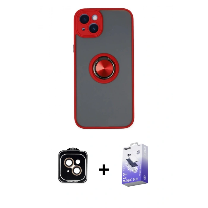 MARSİLYAN™- iPhone 14 Kılıf Yörünge Çizgi - Siyah Bilvis 5in1 5D Magic Hayalet Cam Ekran Koruyucu + PVD Metal Kamera Lens - TU