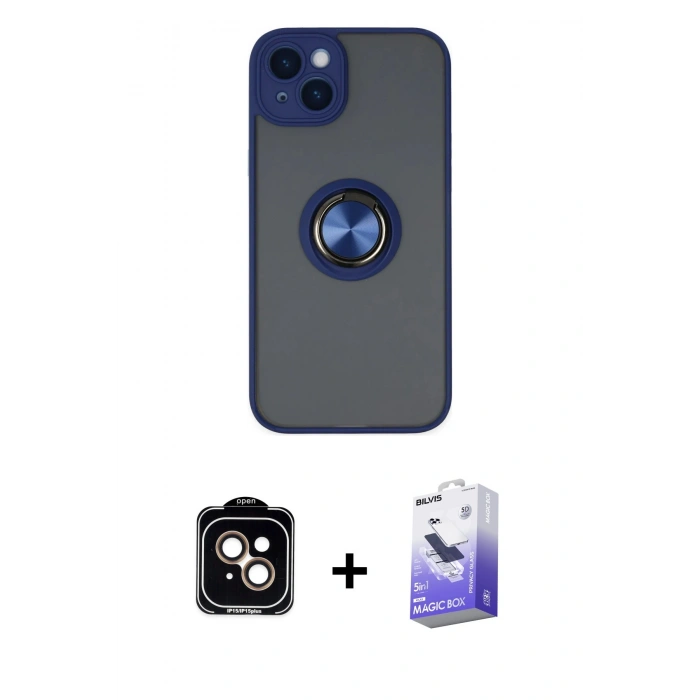 MARSİLYAN™- iPhone 14 Kılıf Yörünge Çizgi - Siyah Bilvis 5in1 5D Magic Hayalet Cam Ekran Koruyucu + PVD Metal Kamera Lens - TU