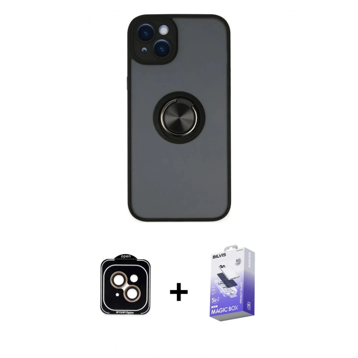 MARSİLYAN™- iPhone 14 Kılıf Yörünge Çizgi - Siyah Bilvis 5in1 5D Magic Hayalet Cam Ekran Koruyucu + PVD Metal Kamera Lens - TU