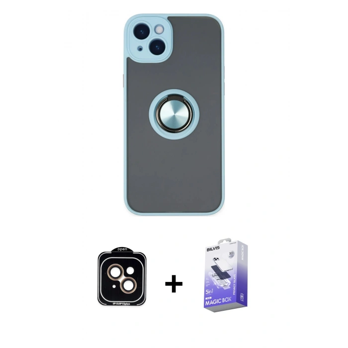 MARSİLYAN™- iPhone 14 Kılıf Yörünge Çizgi - Siyah Bilvis 5in1 5D Magic Hayalet Cam Ekran Koruyucu + PVD Metal Kamera Lens - TU