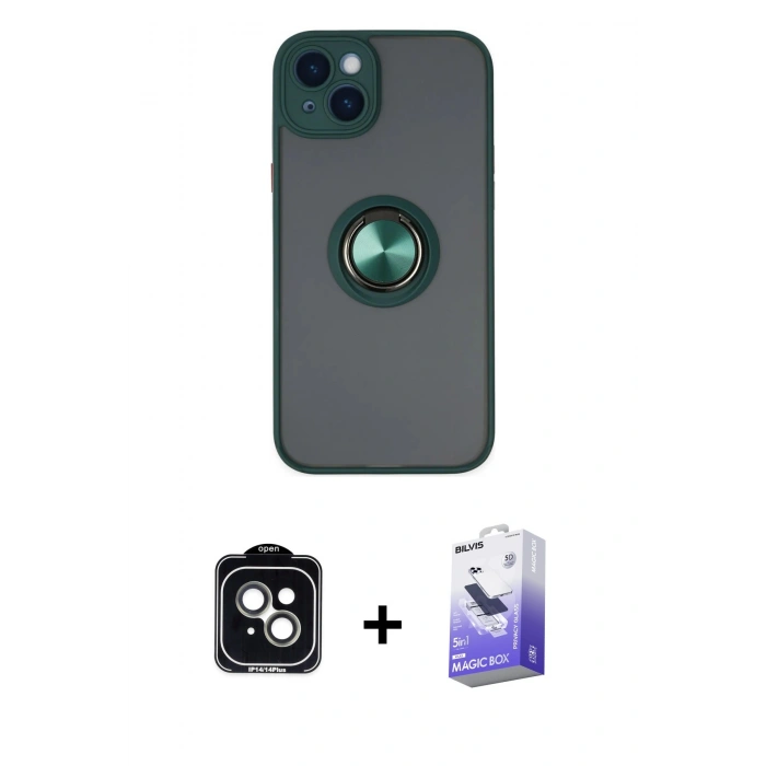 MARSİLYAN™- iPhone 14 Kılıf Yörünge Çizgi - Siyah Bilvis 5in1 5D Magic Hayalet Cam Ekran Koruyucu + PVD Metal Kamera Lens - YL