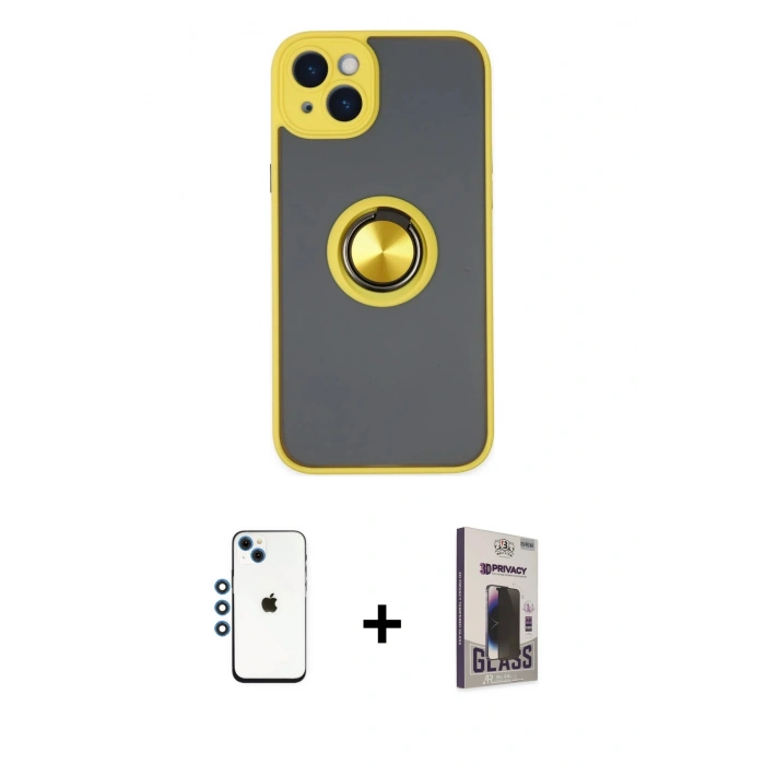 MARSİLYAN™- iPhone 14 Kılıf Yörünge Çizgi - Siyah Bilvis Hayalet Cam Ekran Koruyucu + Shine Kamera Lens - MI