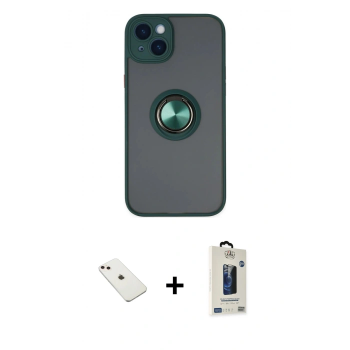 MARSİLYAN™- iPhone 14 Kılıf Yörünge Çizgi - Siyah Bilvis Hayalet Cam Ekran Koruyucu + Diamond Kamera Lens - PE