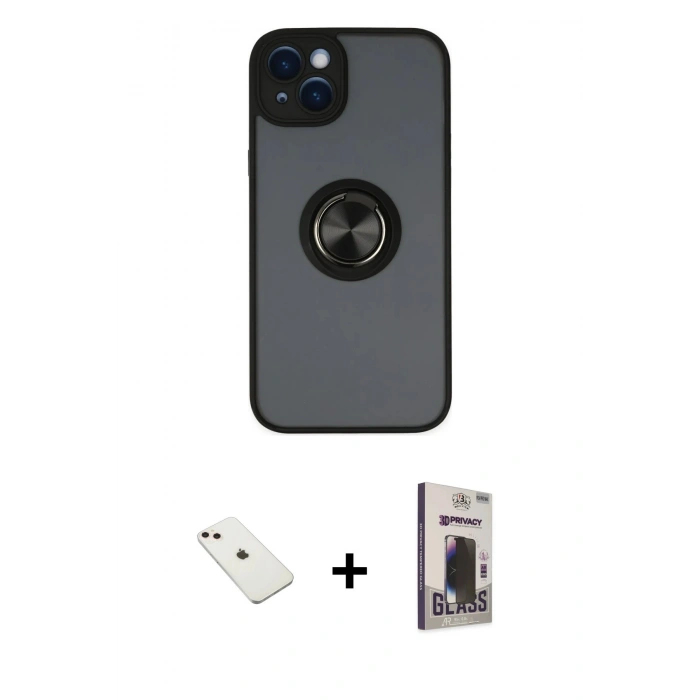 MARSİLYAN™- iPhone 14 Kılıf Yörünge Çizgi - Siyah Bilvis Hayalet Cam Ekran Koruyucu + Diamond Kamera Lens - PE