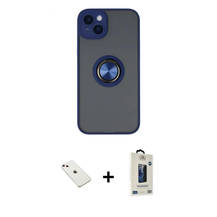 MARSİLYAN™- iPhone 14 Kılıf Yörünge Çizgi - Siyah Bilvis Hayalet Cam Ekran Koruyucu + Diamond Kamera Lens - PE