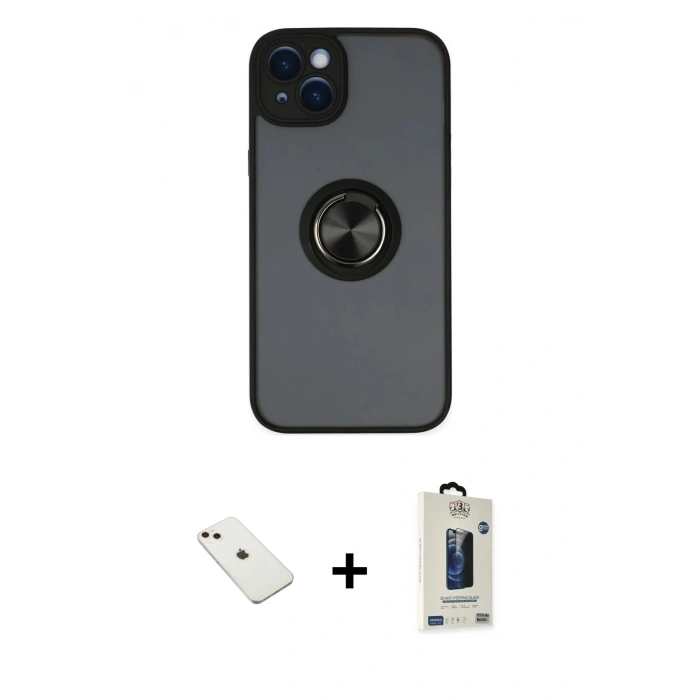 MARSİLYAN™- iPhone 14 Kılıf Yörünge Çizgi - Siyah Bilvis Hayalet Cam Ekran Koruyucu + Diamond Kamera Lens - PE