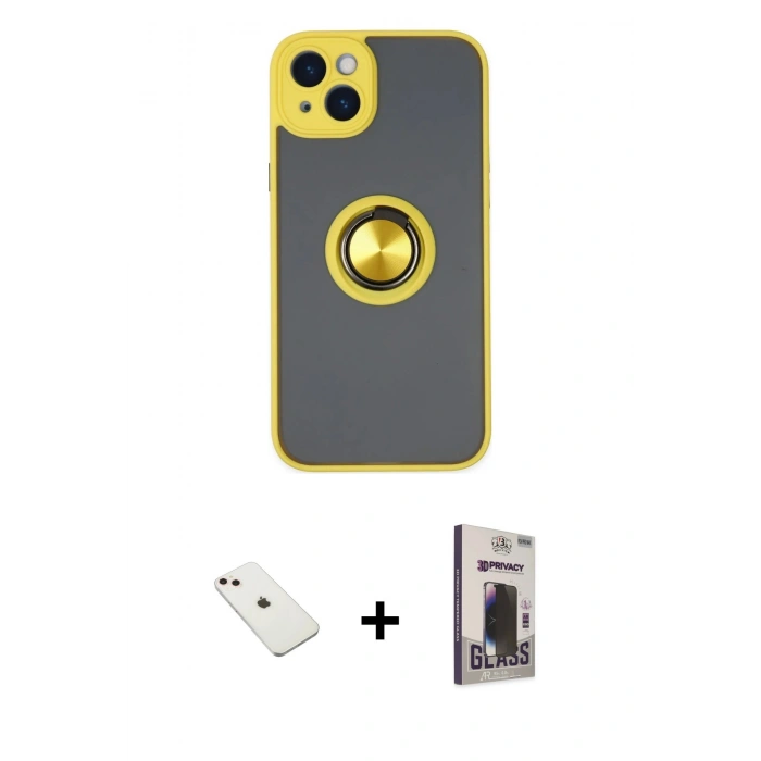 MARSİLYAN™- iPhone 14 Kılıf Yörünge Çizgi - Siyah Bilvis Hayalet Cam Ekran Koruyucu + Diamond Kamera Lens - PE