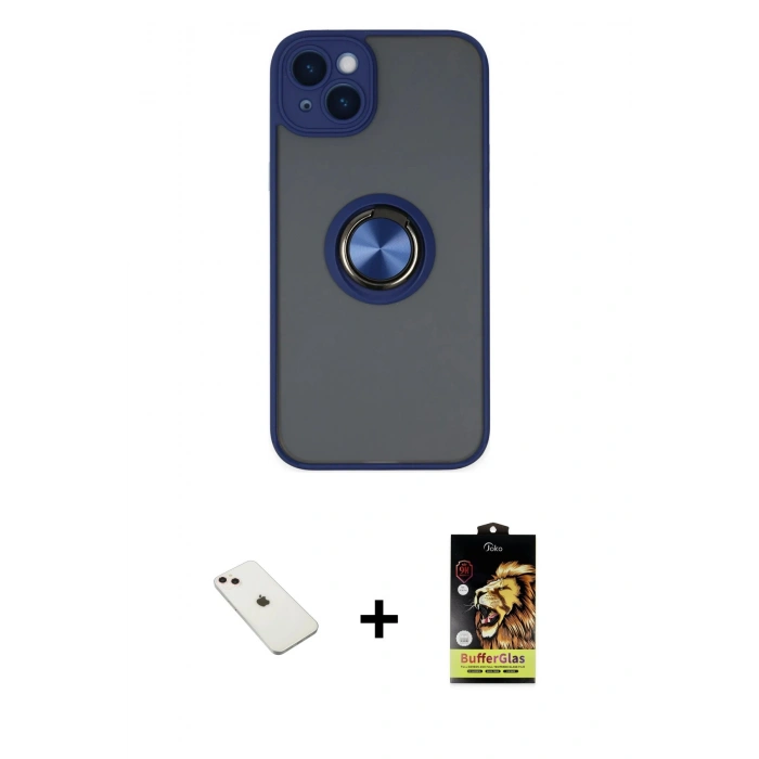 MARSİLYAN™- iPhone 14 Kılıf Yörünge Çizgi - Siyah Buffer Cam Ekran Koruyucu + Diamond Kamera Lens - PE