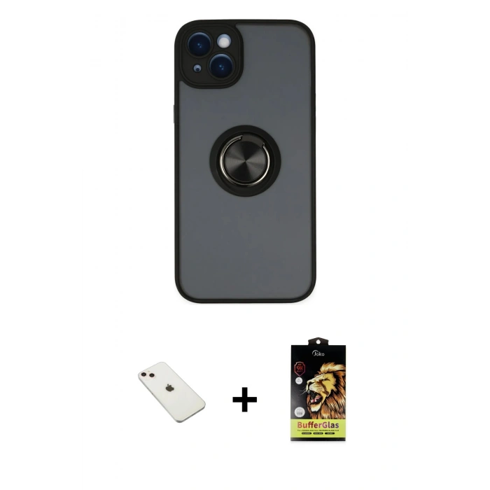 MARSİLYAN™- iPhone 14 Kılıf Yörünge Çizgi - Siyah Buffer Cam Ekran Koruyucu + Diamond Kamera Lens - PE