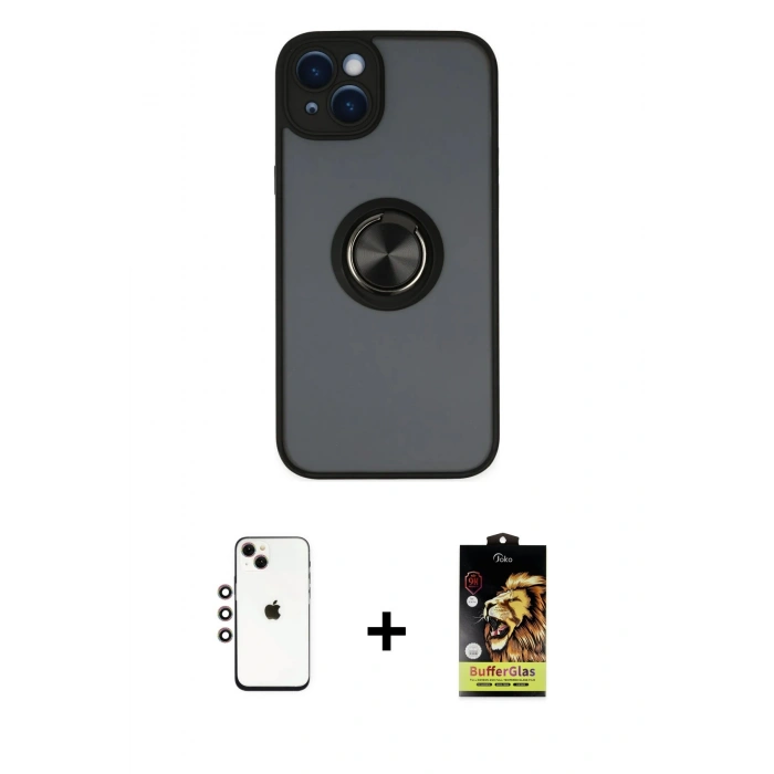 MARSİLYAN™- iPhone 14 Kılıf Yörünge Çizgi - Siyah Buffer Cam Ekran Koruyucu + Shine Kamera Lens - GI