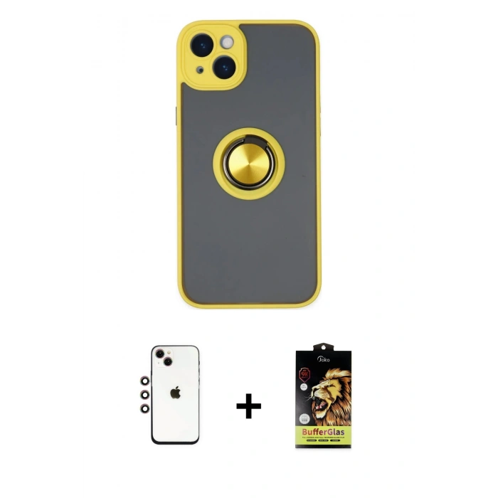 MARSİLYAN™- iPhone 14 Kılıf Yörünge Çizgi - Siyah Buffer Cam Ekran Koruyucu + Shine Kamera Lens - GI
