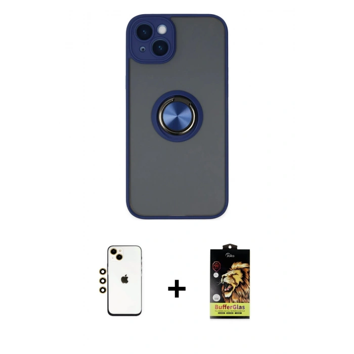 MARSİLYAN™- iPhone 14 Kılıf Yörünge Çizgi - Siyah Buffer Cam Ekran Koruyucu + Gold Shine Kamera Lens