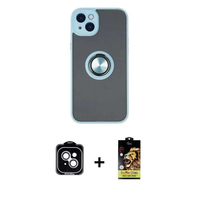 MARSİLYAN™- iPhone 14 Kılıf Yörünge Çizgi - Siyah Buffer Cam Ekran Koruyucu + PVD Metal Kamera Lens - GS
