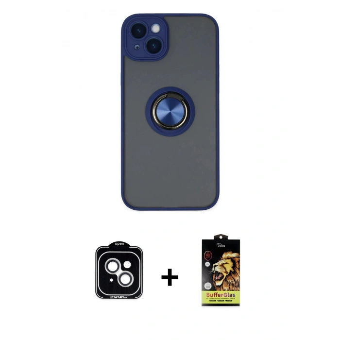 MARSİLYAN™- iPhone 14 Kılıf Yörünge Çizgi - Siyah Buffer Cam Ekran Koruyucu + PVD Metal Kamera Lens - GS