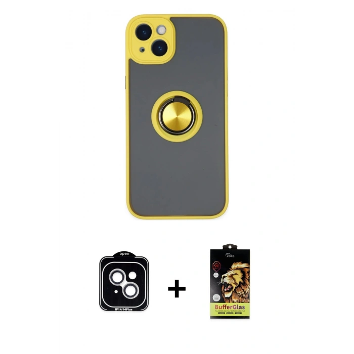 MARSİLYAN™- iPhone 14 Kılıf Yörünge Çizgi - Siyah Buffer Cam Ekran Koruyucu + PVD Metal Kamera Lens - GS