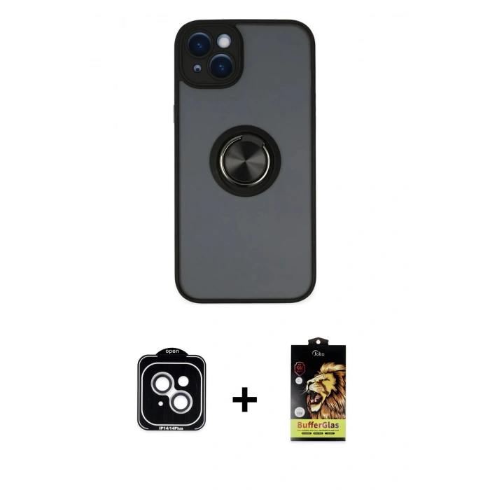 MARSİLYAN™- iPhone 14 Kılıf Yörünge Çizgi - Siyah Buffer Cam Ekran Koruyucu + PVD Metal Kamera Lens - GS