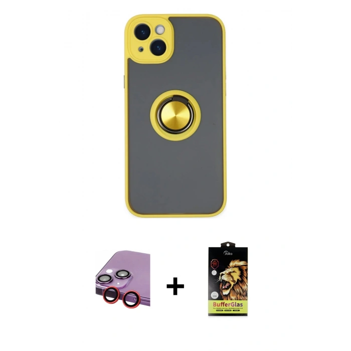 MARSİLYAN™- iPhone 14 Kılıf Yörünge Çizgi - Siyah Buffer Cam Ekran Koruyucu + Raze Metal Kamera Lens - KI