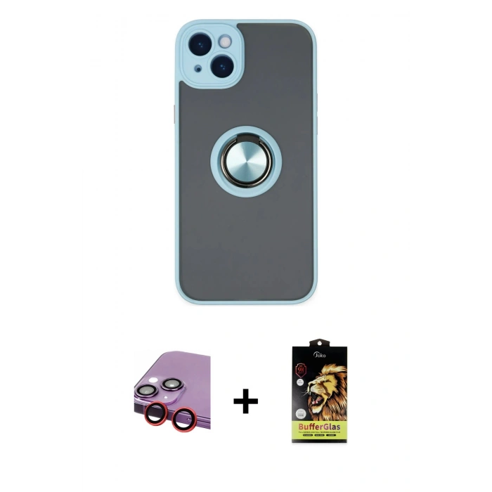 MARSİLYAN™- iPhone 14 Kılıf Yörünge Çizgi - Siyah Buffer Cam Ekran Koruyucu + Raze Metal Kamera Lens - KI